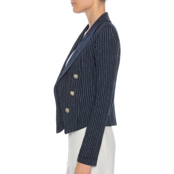 L'AGENCE 'Wayne' Striped Seersucker Cropped Blazer, Navy Blue/Natural Stripe - Picture 2 of 3